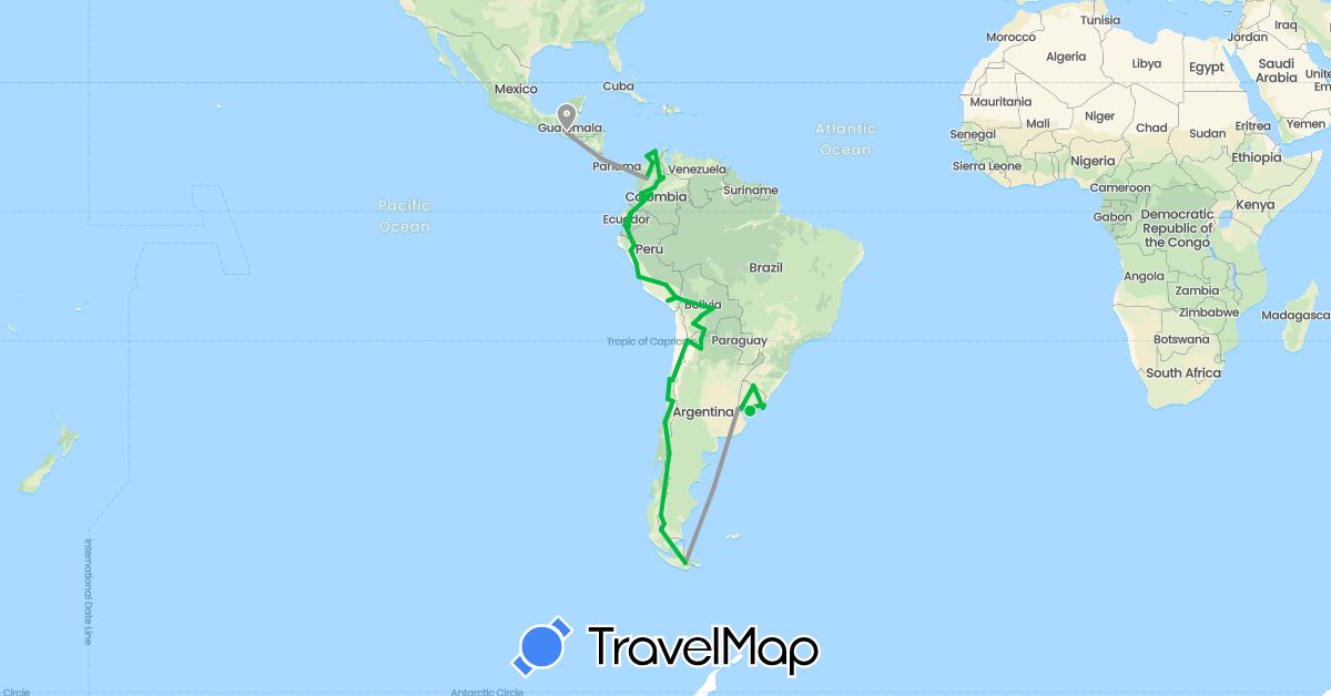 TravelMap itinerary: bus, plane in Argentina, Bolivia, Chile, Colombia, Costa Rica, Ecuador, Guatemala, Peru, Uruguay (North America, South America)